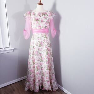 Vintage 60s Sylvia Ann Rose Floral Chiffon Maxi Gown Ruffle Flutter Sleeve 14